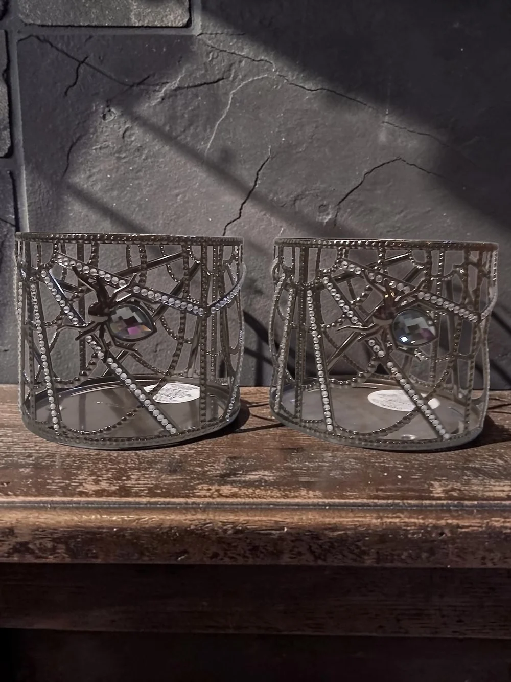 Crystal Spider Accent Silver Gem Candle Holders - Set of 2